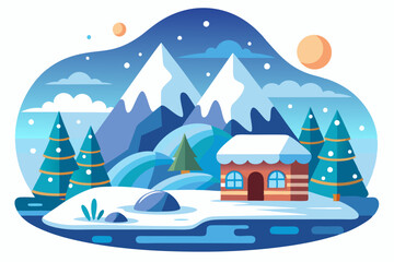 A Wintery Scene with a Cabin in the Mountains