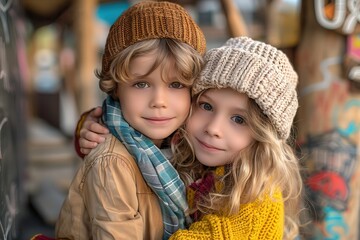 Obraz premium Stylish Kids. Children Hugging with Modern Casual Attire, High-Coloured, Confident Expression