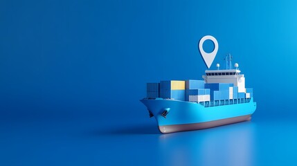 Obraz premium Digital illustration of a cargo ship with shipping containers and a location pin on a blue background, representing logistics and global trade.