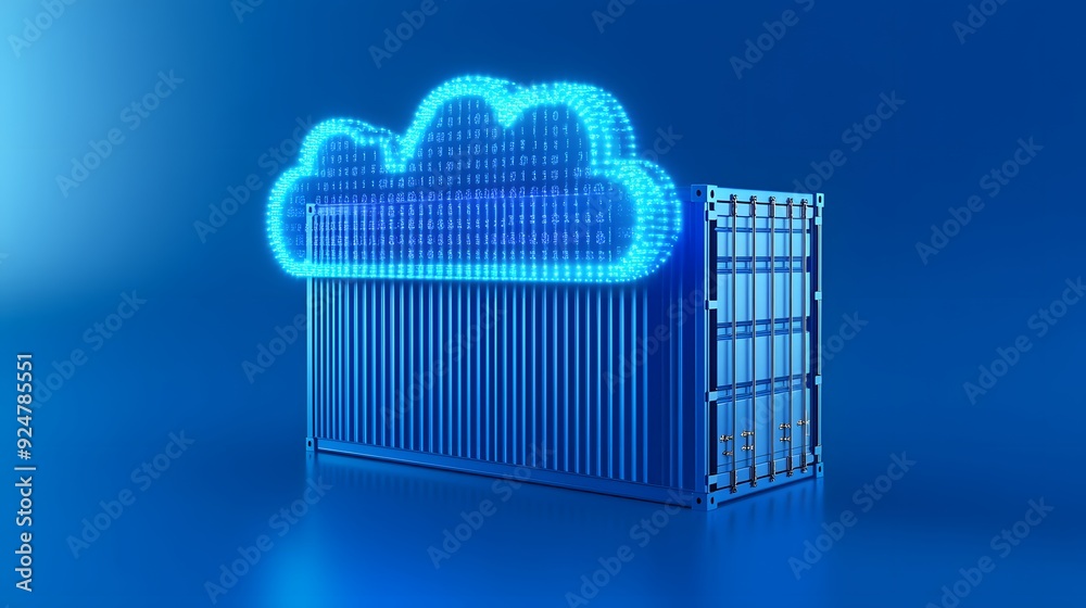 Poster digital illustration of a cloud computing container representing modern data storage and cloud servi