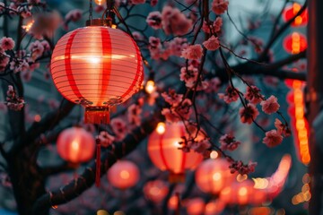 Obraz premium Vibrant Spring Festival in Park Featuring Floral Displays and Lanterns
