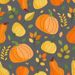 Cozy pattern of pumpkins and autumn leaves. Vector seamless pattern on gray background.