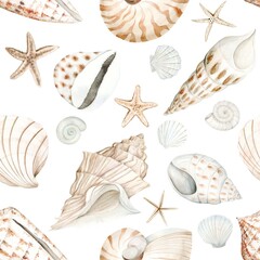Watercolor set of Shells and Starfish. Seamless pattern hand drawn in watercolor. Nautical style design elements. Suitable for cards, invitations and textiles, scrapbooking.
