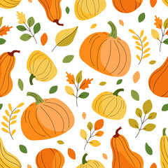 Pumpkins and autumn leaves. Vector seamless pattern on white background.