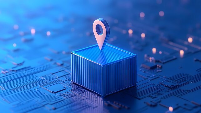 Digital representation of a shipping container with a location pin on a circuit board, symbolizing logistics and technology integration.