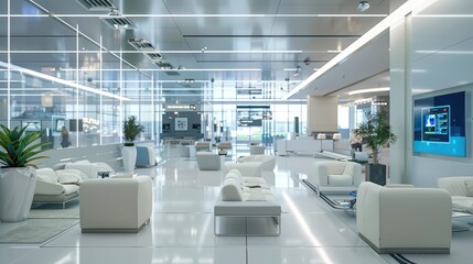 Obraz premium An innovative AI-enhanced lounge area in a modern airport, providing personalized comfort and entertainment