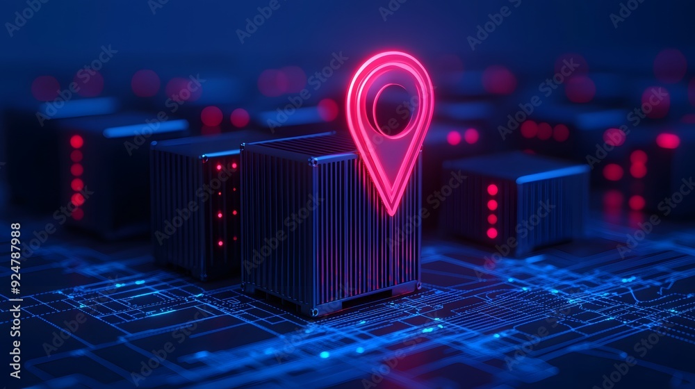 Poster digital representation of server network with a neon map pin, signifying data location and cloud com