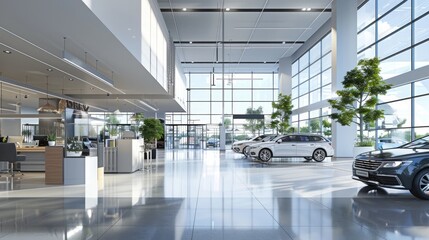 A car dealership's after-sales service area, customers picking up serviced vehicles