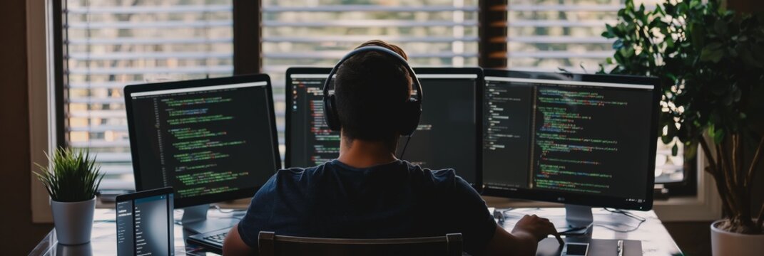 Individual seen from behind working on computer coding with multiple monitors in well-lit office with blinds reflecting on screens.