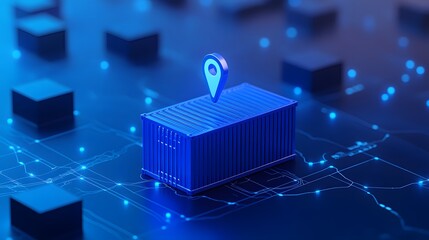 Fototapeta premium Digital shipping container with location pin, symbolizing logistics and transportation in futuristic blue, technology conceptual image