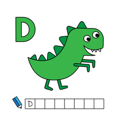 Alphabet with cute cartoon animals isolated on white background. Learning to write game for children education. Vector illustration of dinosaur and letter D