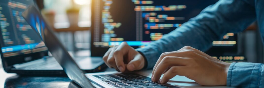Close-up view of hands typing code on a laptop keyboard with multiple monitors displaying colorful codes in the background in an office setting.