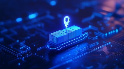 Digitally rendered illustration of a cargo ship with a GPS location pin, representing global logistics and transportation technology.