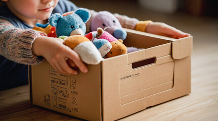 Cardboard donation box full with old toys. Concept of charity, decluttering, recycling. Helping children