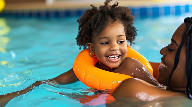Adorable Multiracial Three-Year-Old Girl Wearing Flotation Devices Smiling While Learning to Swim with Her Mother at an Indoor Aquatic Park