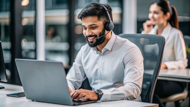 An Indian support representative using a laptop to manage customer service requests and support.
