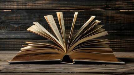 Naklejka premium Open Hardback Book on Wooden Table Surrounded by Colorful Books for Back to School and Education Concept