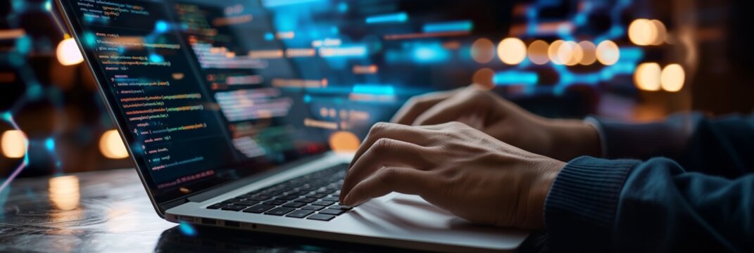 Hands actively typing complex code on a laptop computer, surrounded by vibrant digital effects and colorful lighting representing high-tech environment.