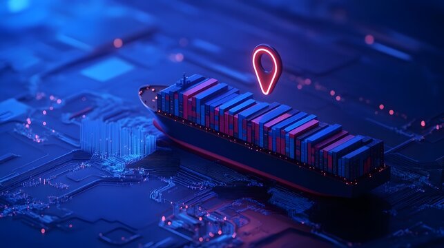 Futuristic cargo ship illustration with neon lights, representing digital logistics and advanced technology in global shipping.