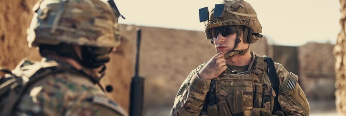 Two military personnel are seen conversing in a combat zone, with one holding a walkie-talkie and both dressed in full combat gear.