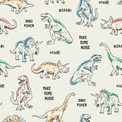 Seamless vector pattern with playful dinosaurs like T-Rex and Triceratops, with text elements like "Roar!" and "Dino Power." Perfect for kids' apparel, wallpapers, and themed designs.