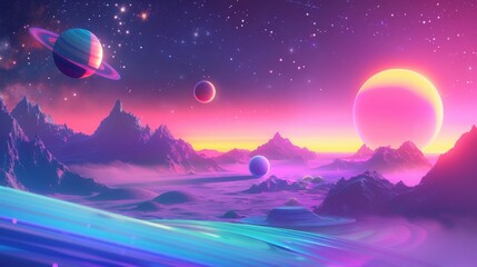 A celestial landscape with planets and stars in vivid colors