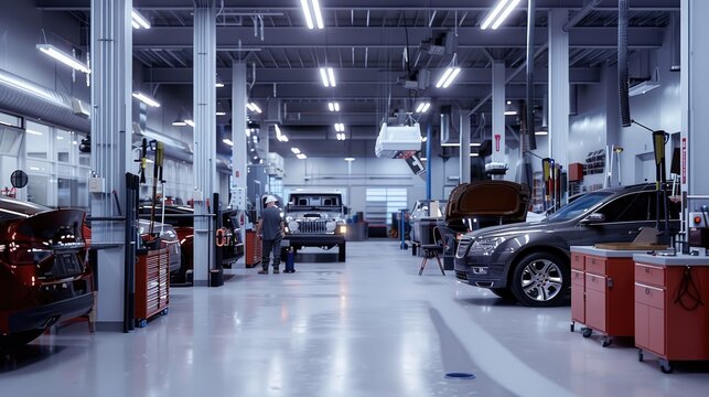 A car dealership's service department, mechanics working