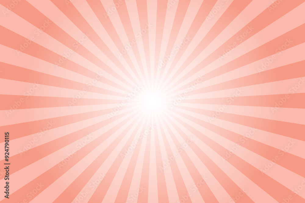 Poster Pink background with white sun ray. Pattern of starburst. Abstract crepe pink texture with light of sunburst. Radial beam of sunlight. Retro background with flash. Design of sunbeams. Vector.	