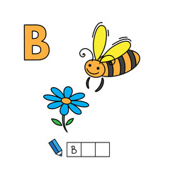 Alphabet with cute cartoon animals isolated on white background. Learning to write game for children education. Vector illustration of bee and letter B