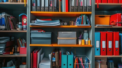 An office supply closet with meticulously organized shelves holding various supplies like paper, folders, and office gadgets.