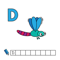 Alphabet with cute cartoon animals isolated on white background. Learning to write game for children education. Vector illustration of dragonfly and letter D