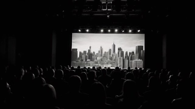 60s Black and white movie theater with a crowd watching an old noir movie with retro projector lights zooming out animation art, old school , cinema and  movie lover concept