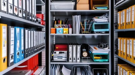 An office supply closet with meticulously organized shelves holding various supplies like paper, folders, and office gadgets.