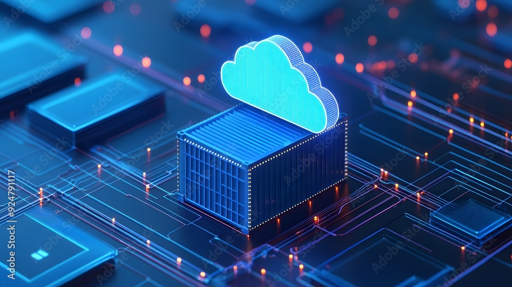 Poster futuristic cloud computing technology concept with digital network connection and data storage in a 