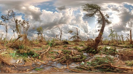 Obraz premium Aftermath of Hurricane, Destroyed Forest Landscape under Scenic Cloudy Sky. Climate Change Concept.