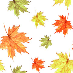 Autumn maple leaves seamless pattern. Fall foliage botanical background for pattern fills. Hand drawn watercolor illustration. Thanksgiving background. Template for wallpaper, website, card, fabric.