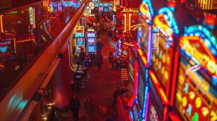 Naklejka premium A casino's slot machine area during a busy night