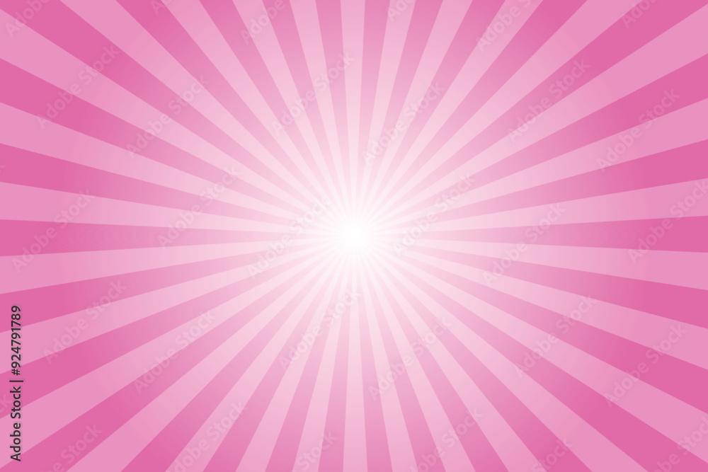 Poster Pink background with white sun ray. Pattern of starburst. Abstract light deep pink texture with light of sunburst. Radial beam of sunlight. Retro background with flash. Design of sunbeams. Vector.	