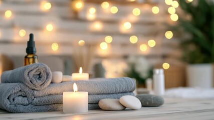 Soft towels and flickering candles create a calming spa atmosphere, enhanced by aromatherapy oil and soothing stones for relaxation.