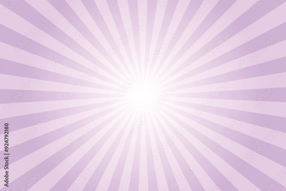 Poster Pink background with white sun ray. Pattern of starburst. Abstract mauve pink texture with light of sunburst. Radial beam of sunlight. Retro background with flash. Design of sunbeams. Vector.	