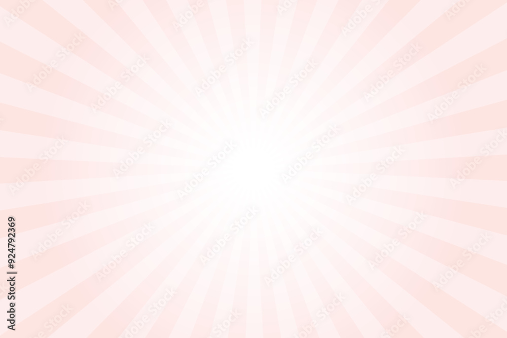 Poster Pink background with white sun ray. Pattern of starburst. Abstract misty rose color texture with light of sunburst. Radial beam of sunlight. Retro background with flash. Design of sunbeams. Vector.	