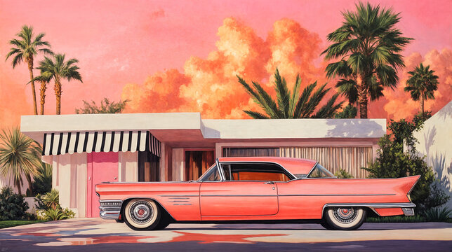 A classic pink car parked in front of a mid-century modern house, surrounded by palm trees, under a vibrant sunset sky.