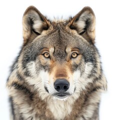 Fototapeta premium A majestic wolf gazes confidently towards the viewer. Its striking fur and intense eyes reveal a strong and noble spirit. Ideal for wildlife enthusiasts and nature lovers. AI