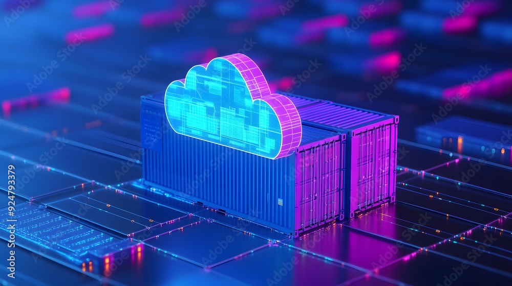 Poster futuristic digital concept showing a cloud storage icon on a data server grid with neon lights, repr