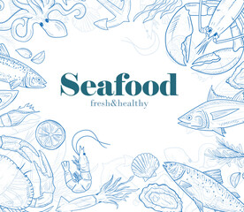 Naklejka premium Vector frame with hand drawn seafood illustration - fresh fish, lobster, crab, oyster, mussel, squid and spice sketch. Vintage menu template.