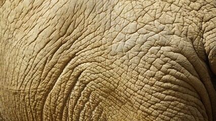 Close up image of an African elephant's skin. Background safari animal texture with copy space. Wrinkled, leathery dry texture with deep cracks and crevices. Looks like a rock face or dry wilderness. 