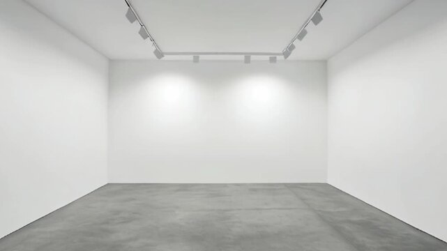 Modern bright gallery with blank white wall background and concrete grey floor. 3D Rendering, mockup created with generative ai