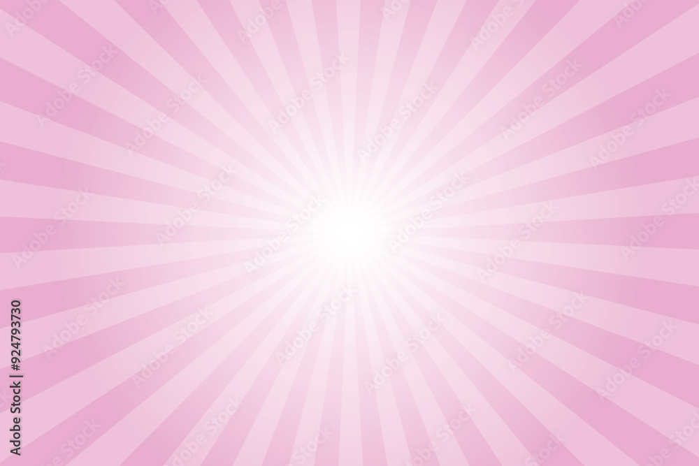Aufkleber Pink background with white sun ray. Pattern of starburst. Abstract pearl pink texture with light of sunburst. Radial beam of sunlight. Retro background with flash. Design of sunbeams. Vector.	