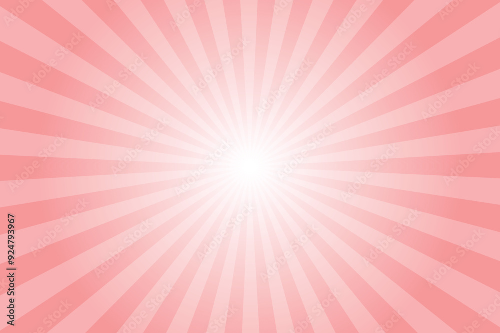 Aufkleber Pink background with white sun ray. Pattern of starburst. Abstract salmonpink texture with light of sunburst. Radial beam of sunlight. Retro background with flash. Design of sunbeams. Vector.	