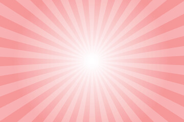 Obraz premium Pink background with white sun ray. Pattern of starburst. Abstract salmonpink texture with light of sunburst. Radial beam of sunlight. Retro background with flash. Design of sunbeams. Vector. 